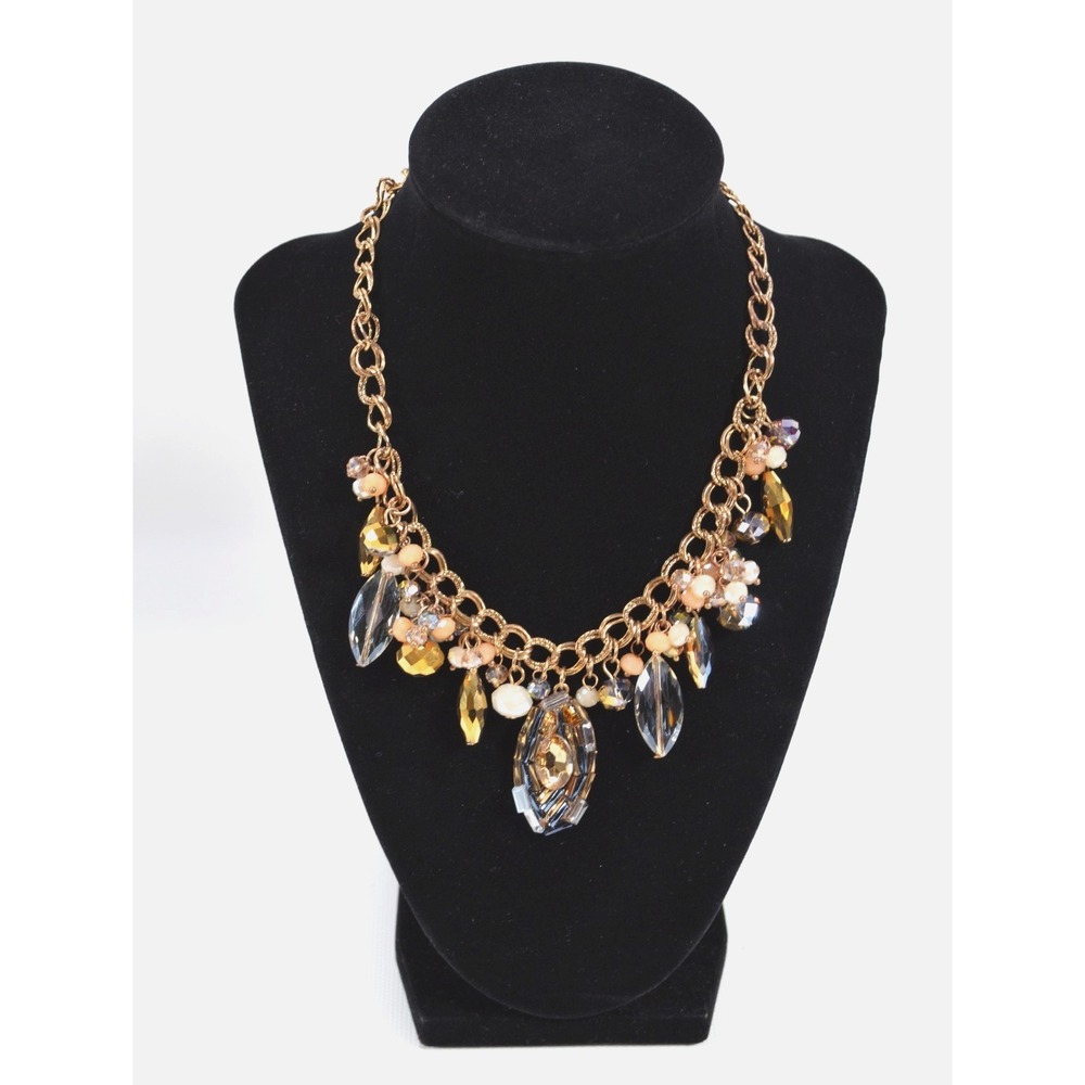 Vintage 1946 Gold Tone Necklace Textured Links Faceted Bead Dangles 18"